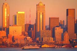 View of Seattle at sunset from the Ferry