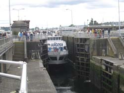 A large cruise ship passes through the Locks